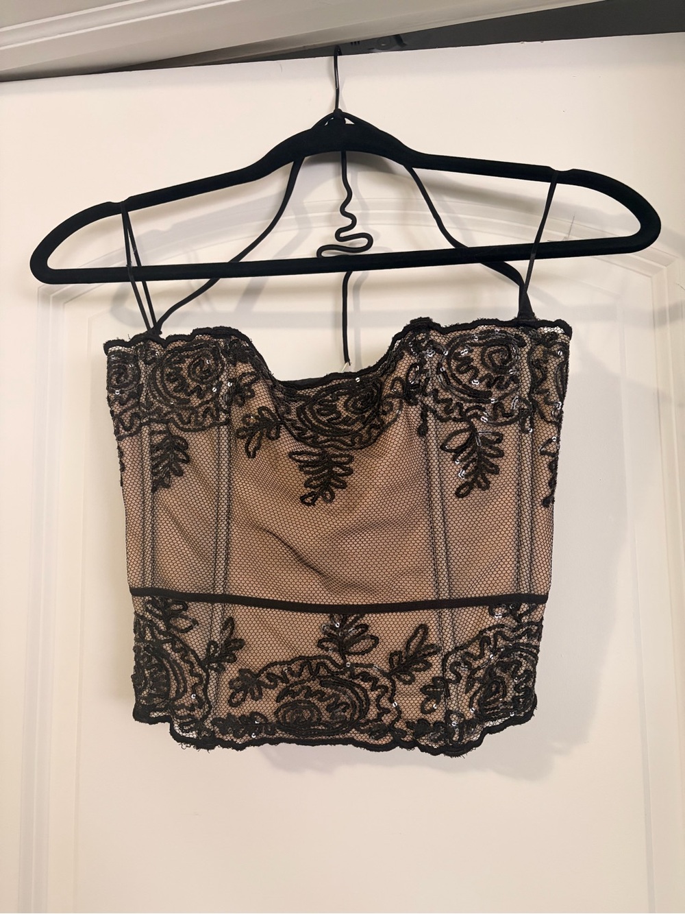 Vintage 2004 Victoria's Secret Black Lace-Embroidered Nude Mesh Camisole